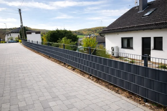 Anthrazit Doppelstabmattenzaun vor weißem Einfamilienhaus in Siegen