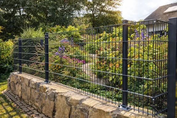 Zaunanlage in Anthrazit auf heller Mauer in Siegen montiert